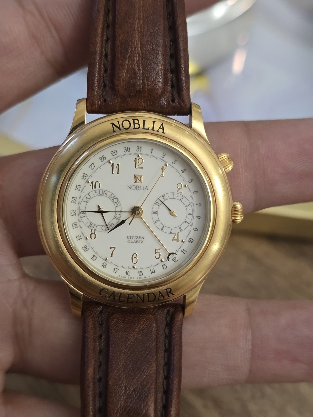 Citizen Gold-Tone Calendar Watch with Brown Leather Strap